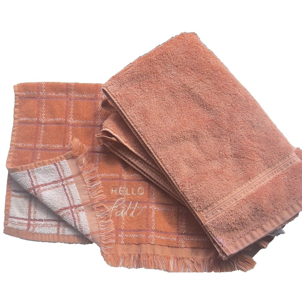 Set of 3 Fall/ Thanksgiving Orange Fringe Hand Towels Hello Fall Decor